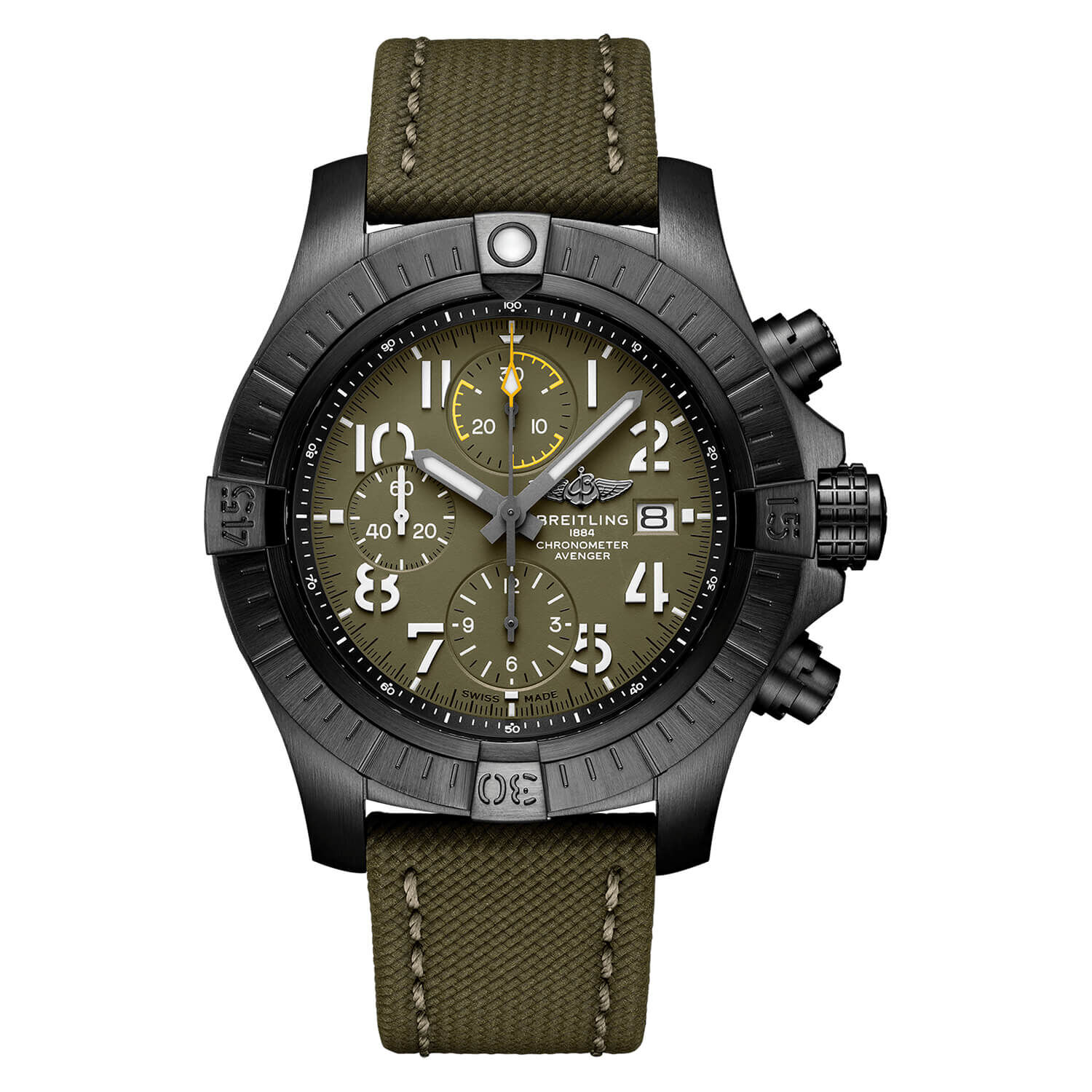 Breitling Avenger 45mm Black Titanium Case Green Strap Watch at