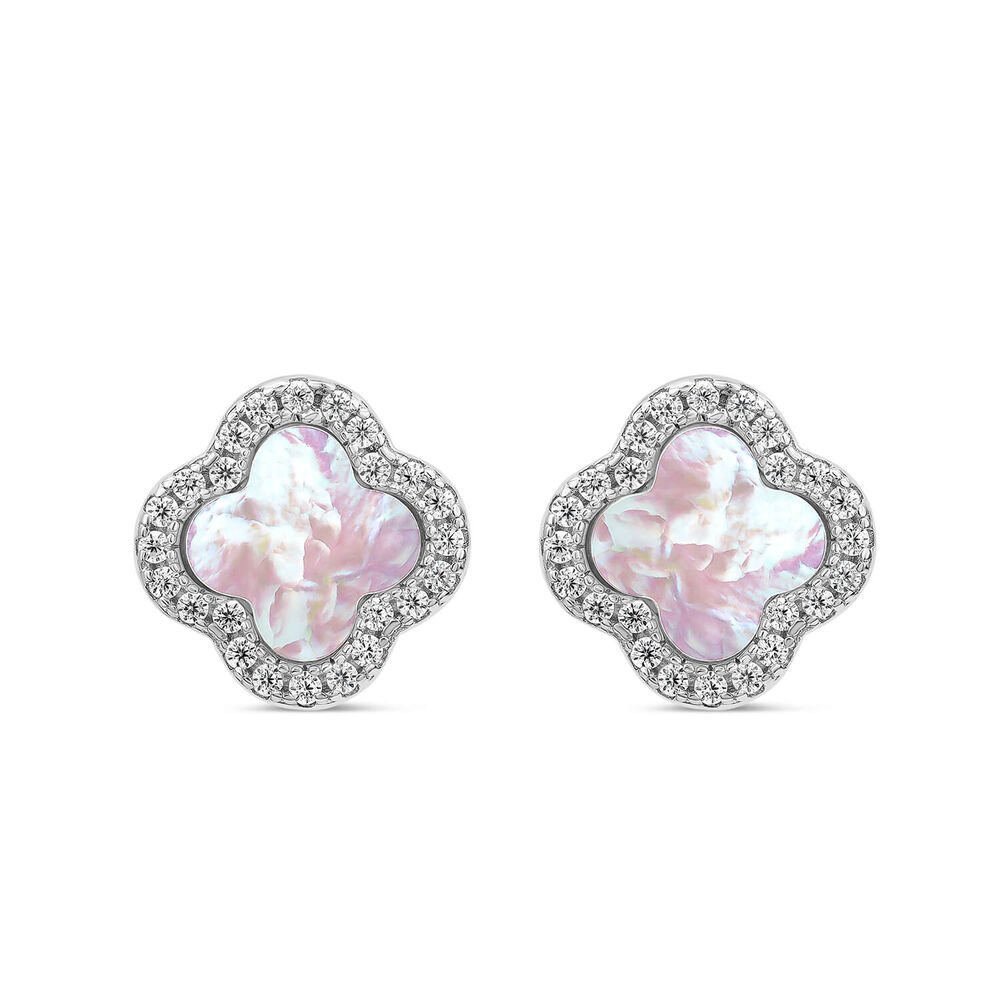 Sterling Silver Mother of Pearl & Cubic Zirconia Clover Petal Stud Earrings image number 0