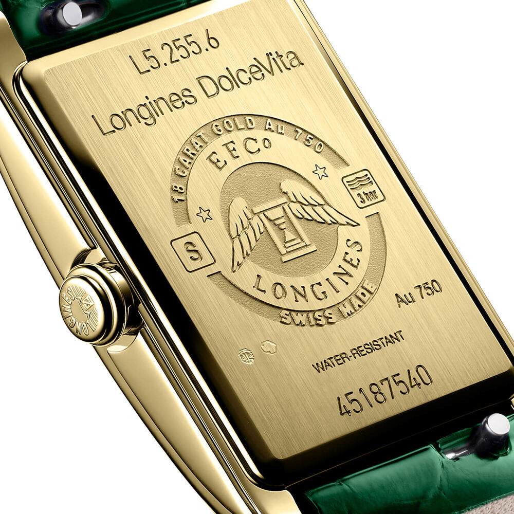 Longines DolceVita 20.50x32mm Green Dial 18ct Yellow Gold Case Alligator Strap Watch image number 2