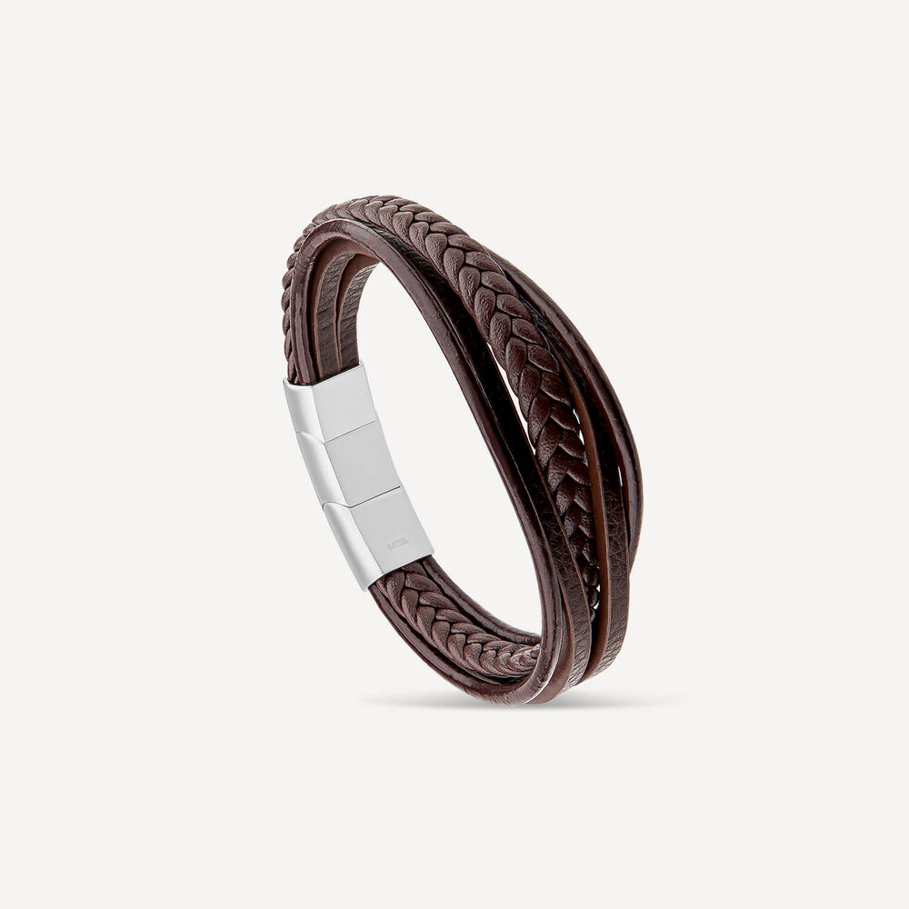 Men's Steel & Brown Multi Wrap Leather Plait Bracelet image number 2