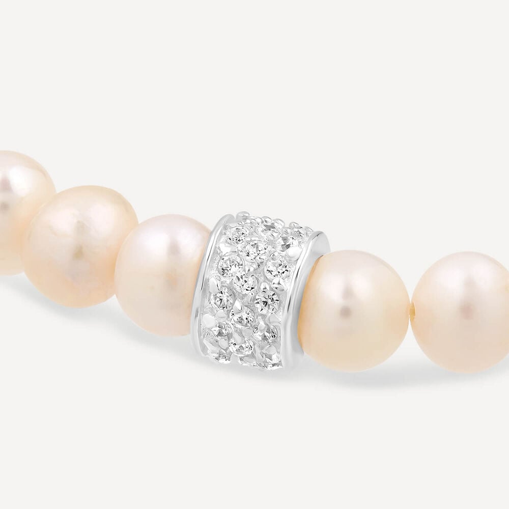 Sterling Silver Freshwater Pearls & Pave Cubic Zirconia Barrel Bracelet image number 2