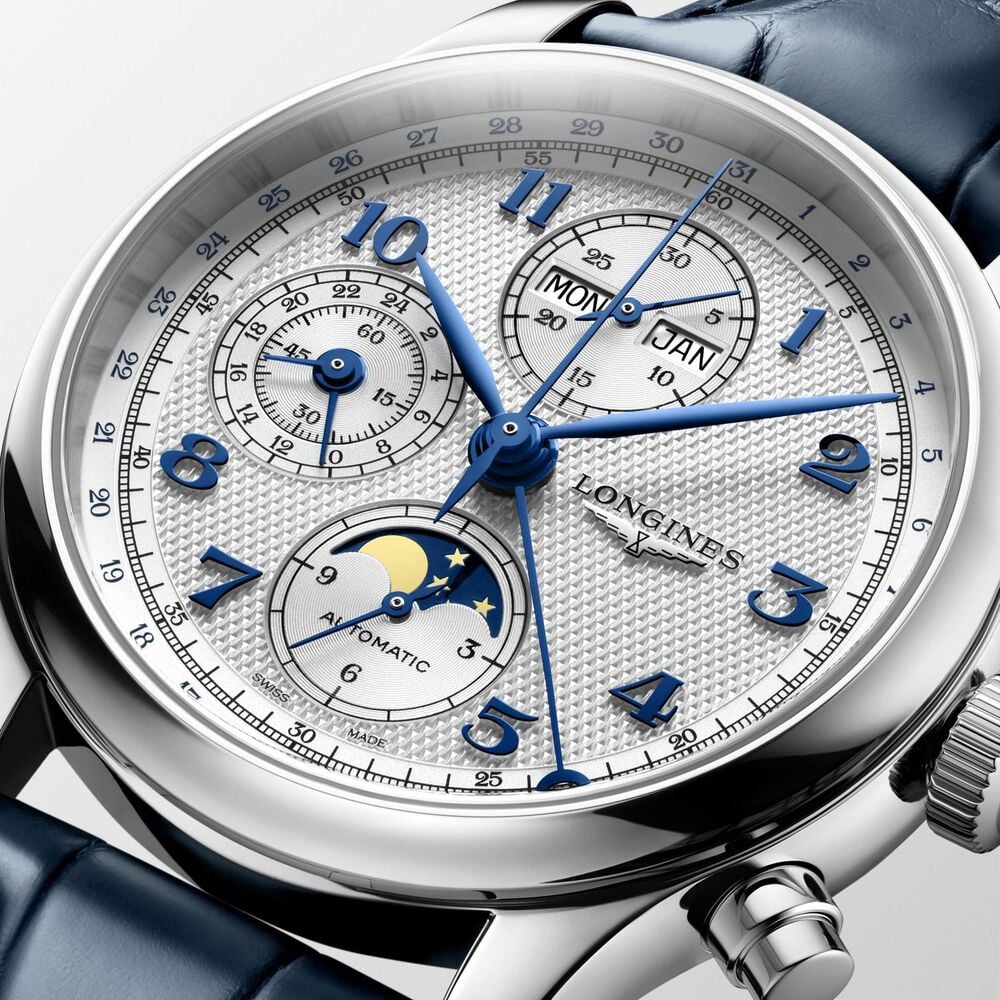 Longines Master Collection Chrono Monopusher 41mm Blue Barleycorn Dial Leather Strap Watch
