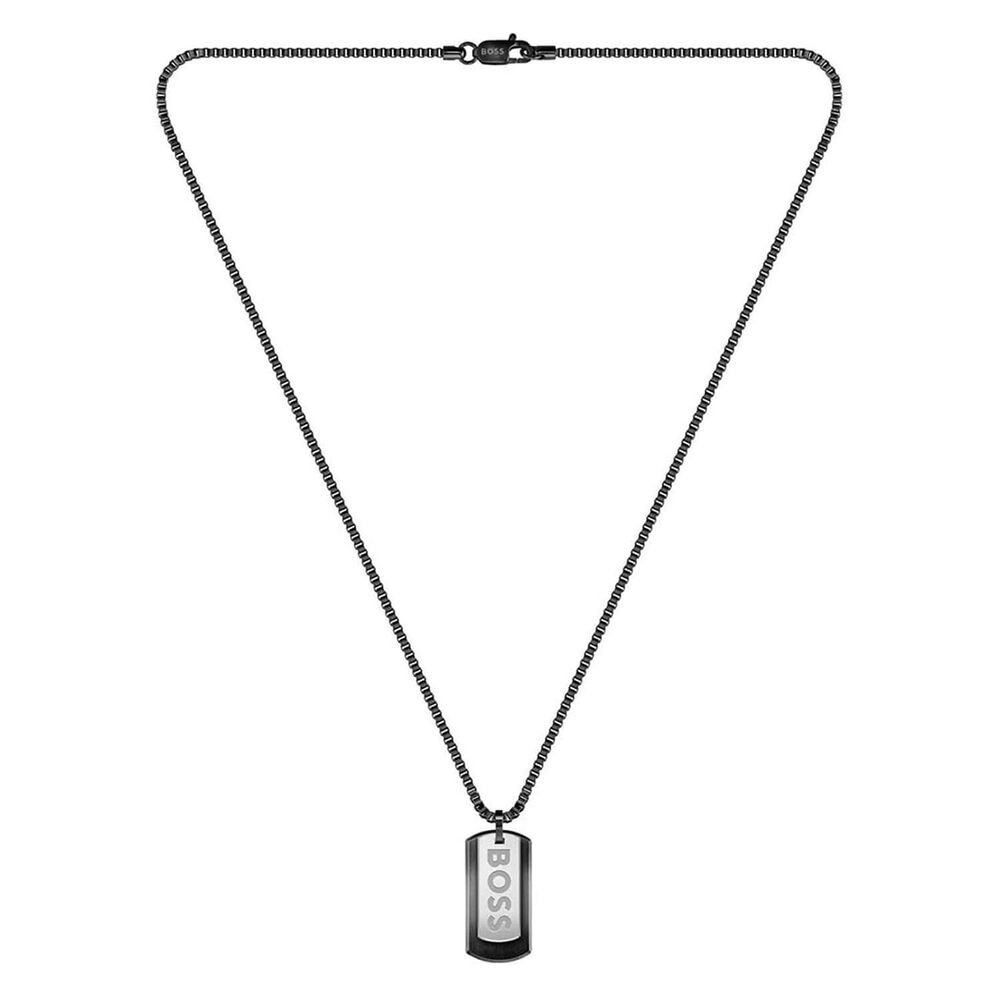 BOSS Devon Branded Double Tag Pendant Black IP Box Chain Steel Necklace image number 0