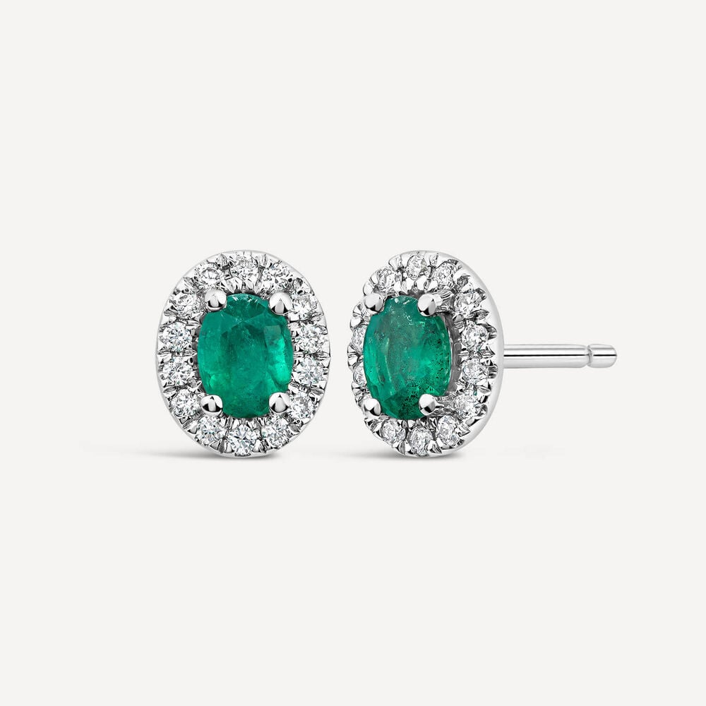 9ct White Gold Emerald Diamond Halo Stud Earrings image number 1