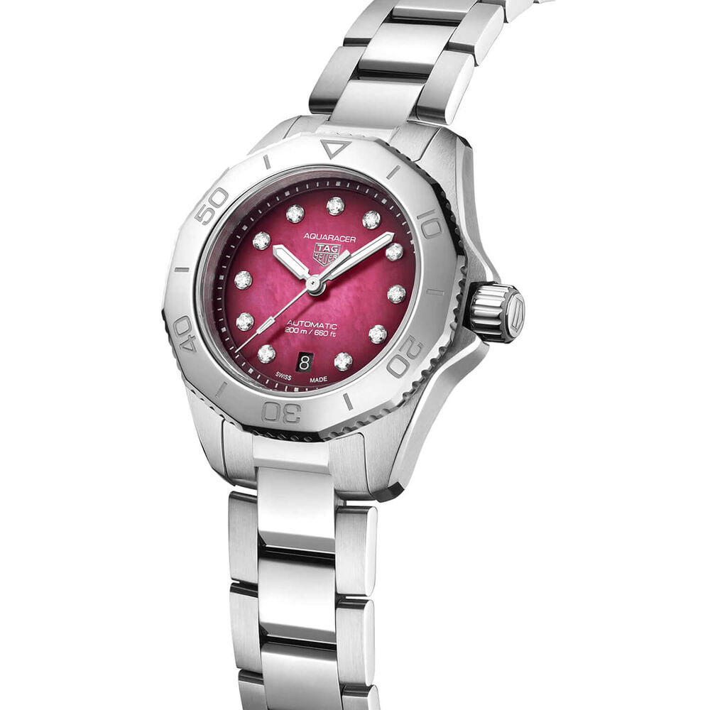 TAG Heuer Aquaracer Professional 200 Date 30mm Red MOP Dial Diamond Dots Steel Bracelet Watch image number 1