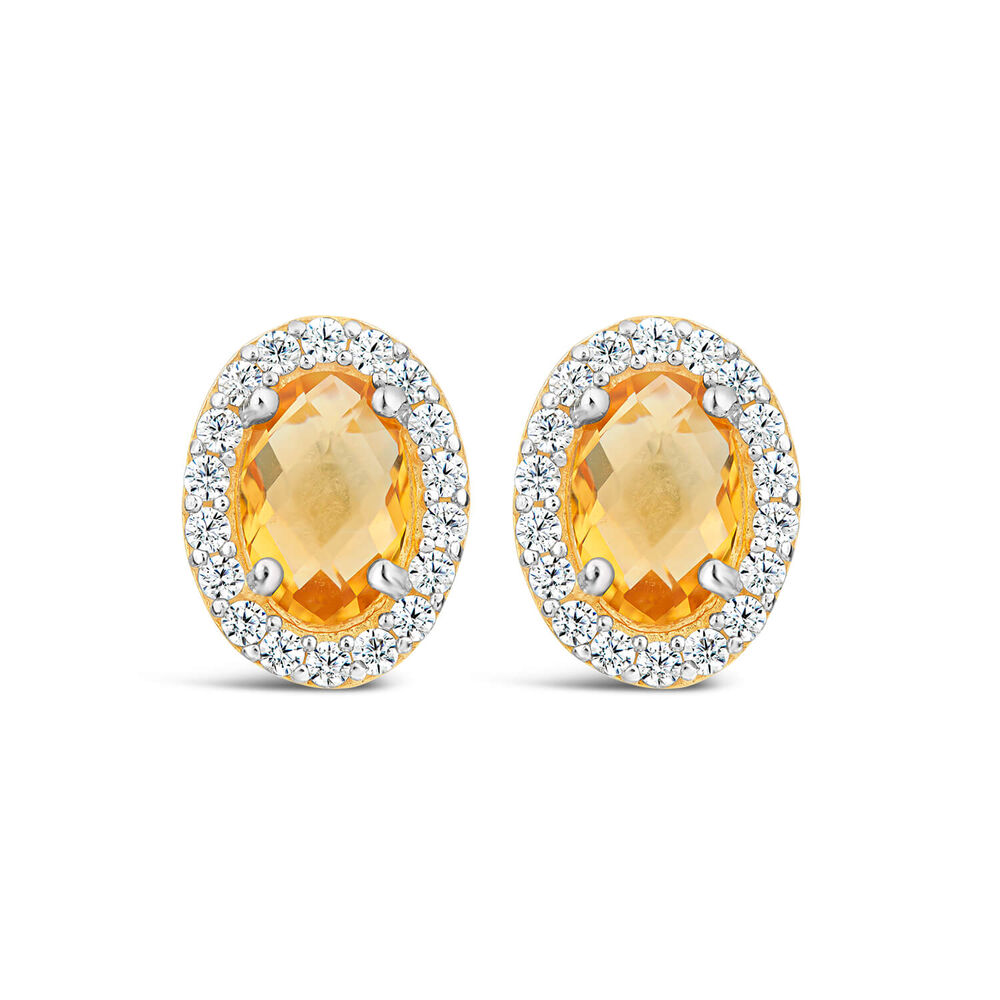 9ct Yellow Gold Oval Citrine & Cubic Zirconia Stud Earrings