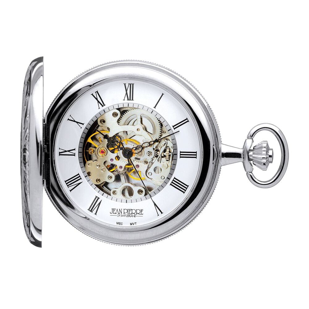 Jean Pierre chrome-plated twin lid skeleton pocket watch