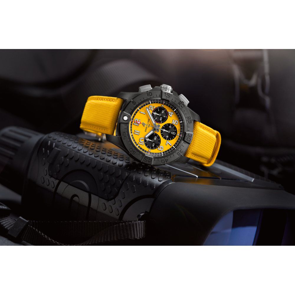 Breitling Avenger B01 Chronograph 44mm Yellow Dial & Black Ceramic Case Leather Strap Watch image number 5