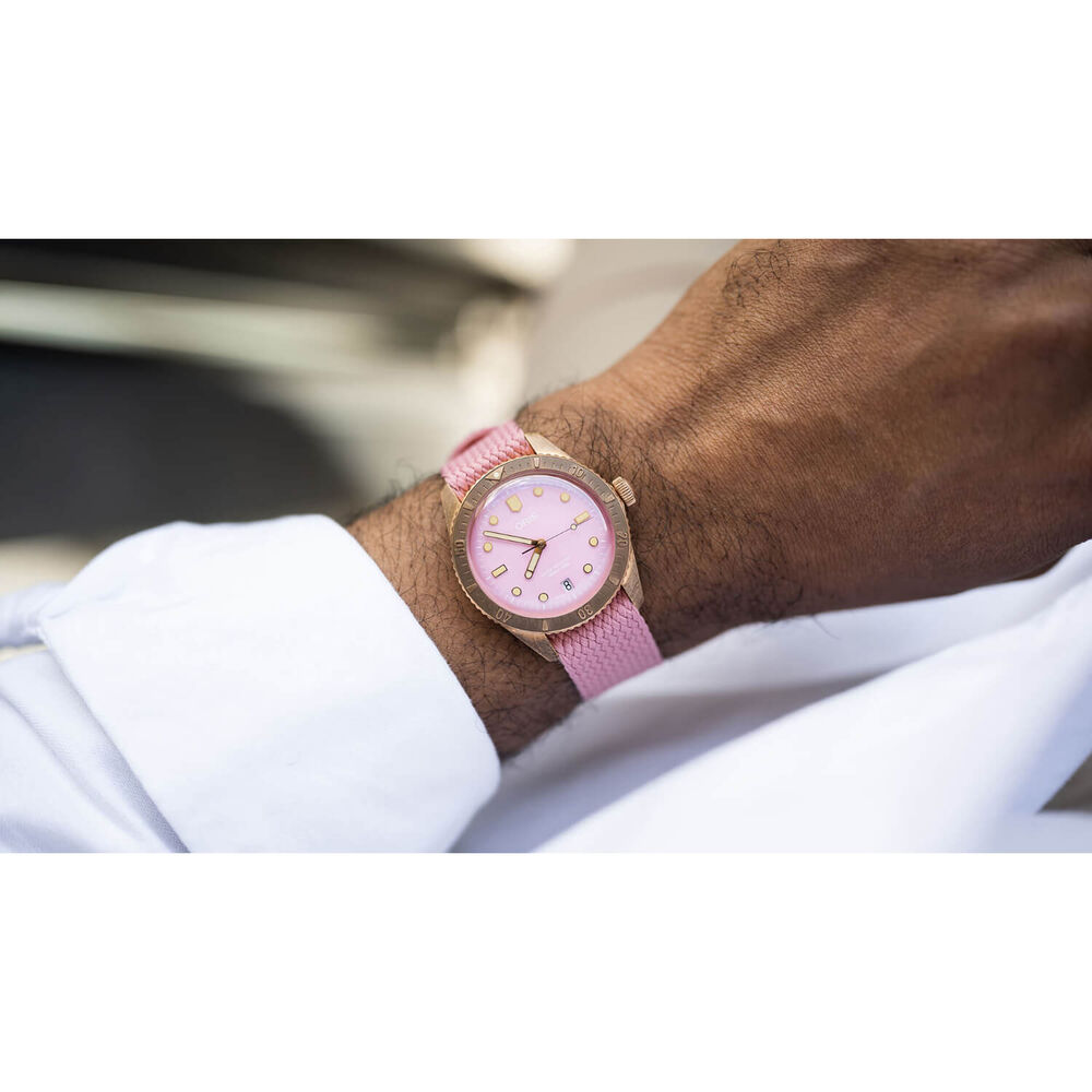 Oris Divers Sixty-Five 38mm Pink Dial Perlon Strap Watch image number 3