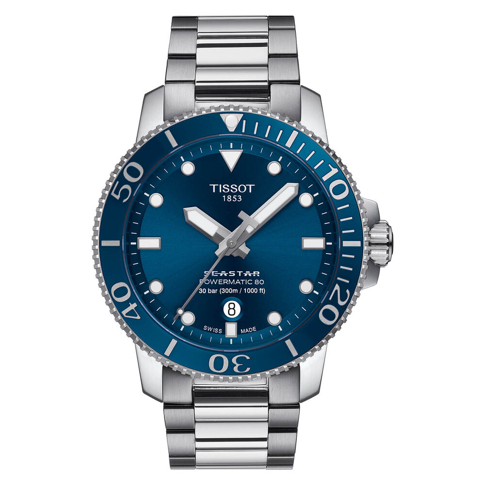 Tissot Seastar Powermatic80 43mm Blue Dial Steel Case Bracelet Watch