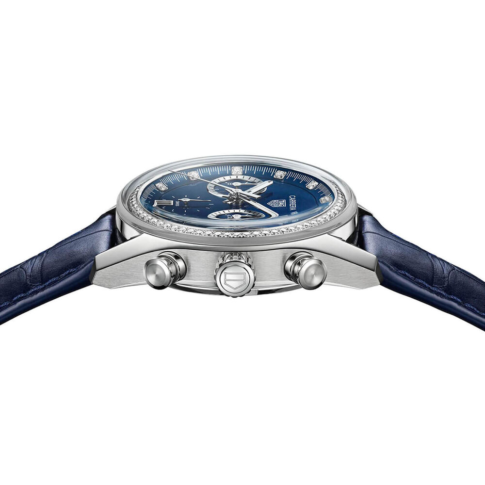 TAG Heuer Carrera Chronograph 39mm Blue Dial Diamond Dots Leather Strap Watch image number 2