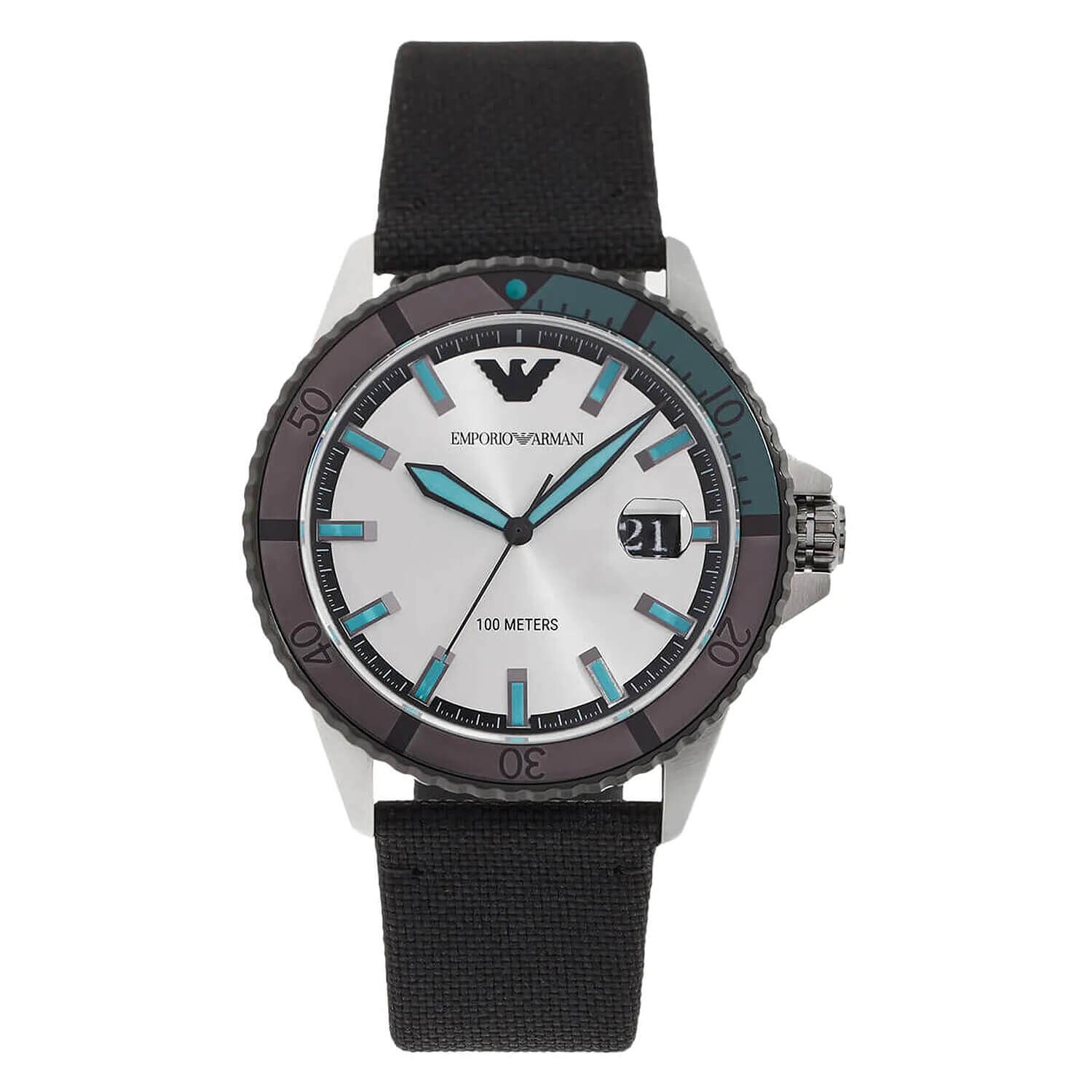 Armani Diver 42mm Silver Dial Black Rubber Strap Watch
