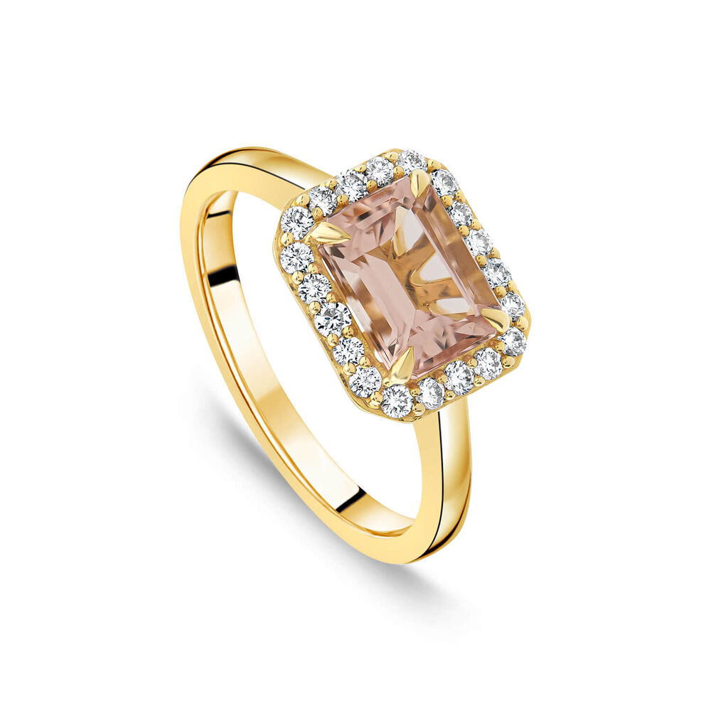9ct Yellow Gold Rectangular Morganite 0.25ct Diamond Halo Ring