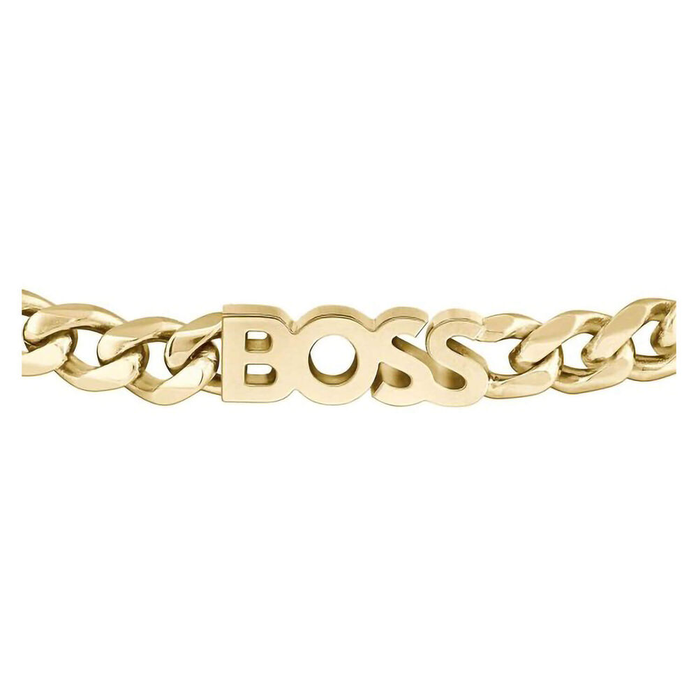 BOSS Kassy Yellow Gold Curb Chain Logo Stainless Steel Bracelet
