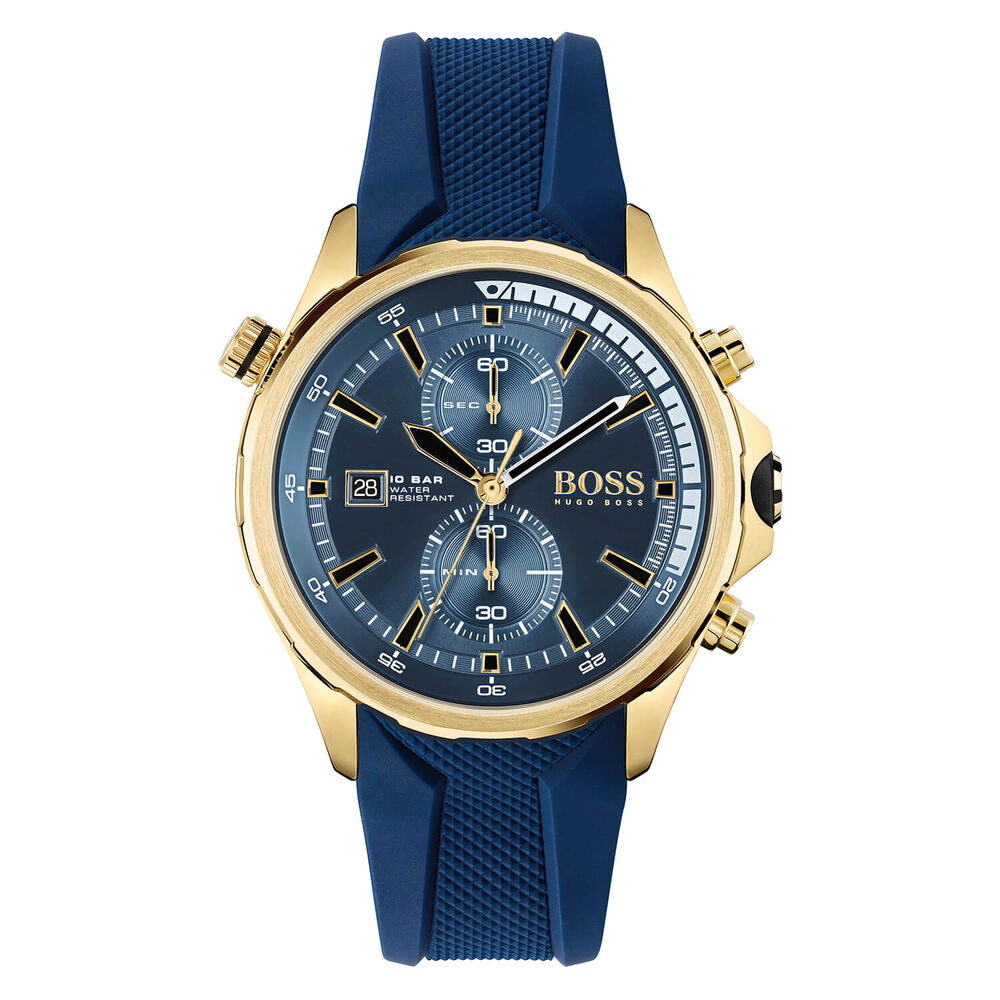 BOSS Globetrotter 46mm Blue Yellow Gold IP Case Blue Rubber Watch