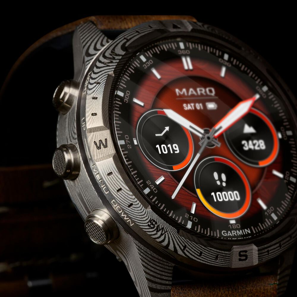 Garmin MARQ Adventurer (Gen 2) Damascus Steel Edition 46mm Dial Brown Leather Strap Watch image number 2