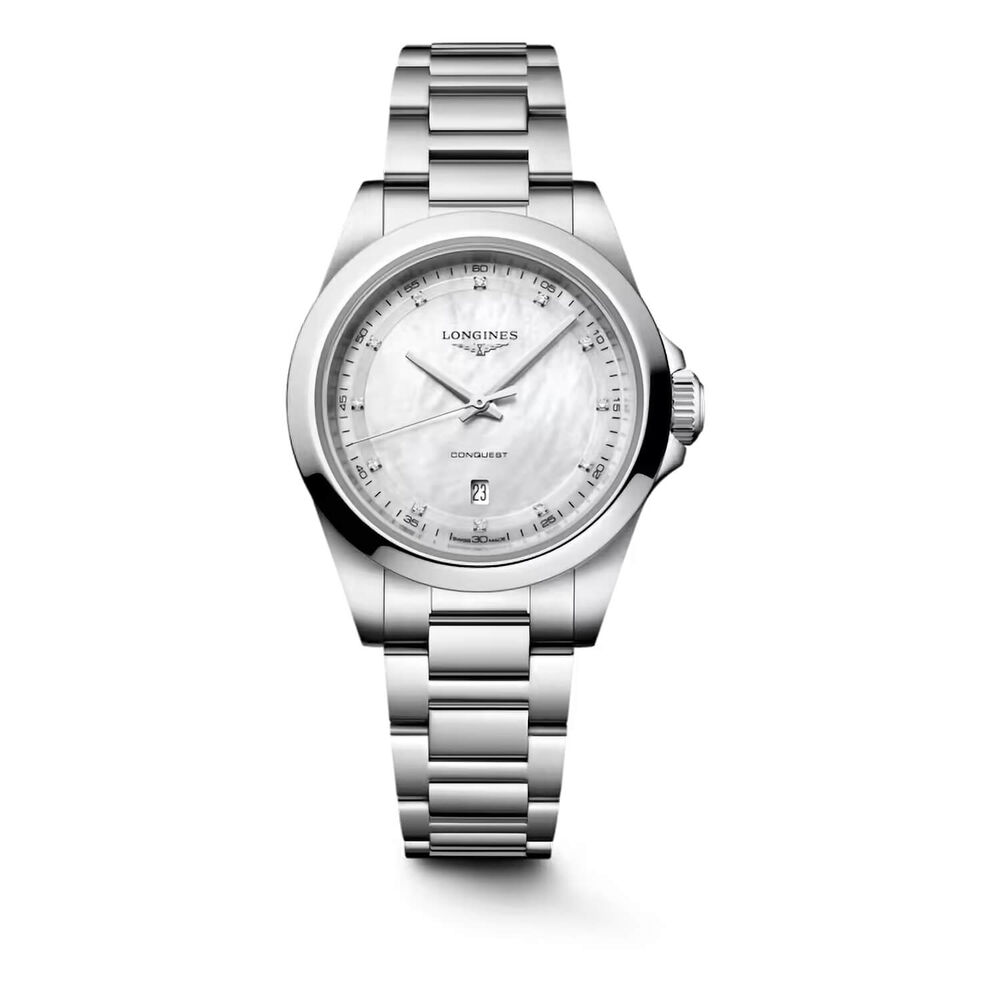 Longines Conquest 30mm White Mother of Pearl Dial Steel Bracelet Watch