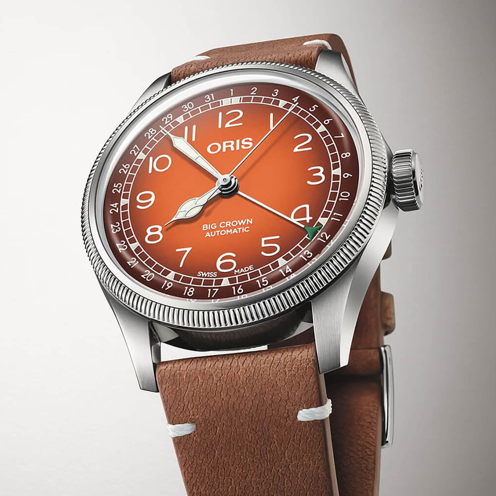 Oris x Cervo Volante Big Crown 40mm Orange Dial Brown Leather Strap Watch