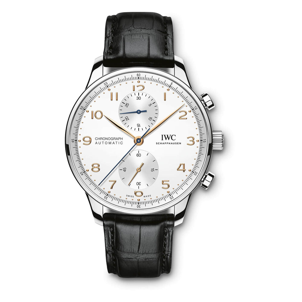IWC Schaffhausen Portugieser Chronograph Silver Dial Black Strap Watch image number 0