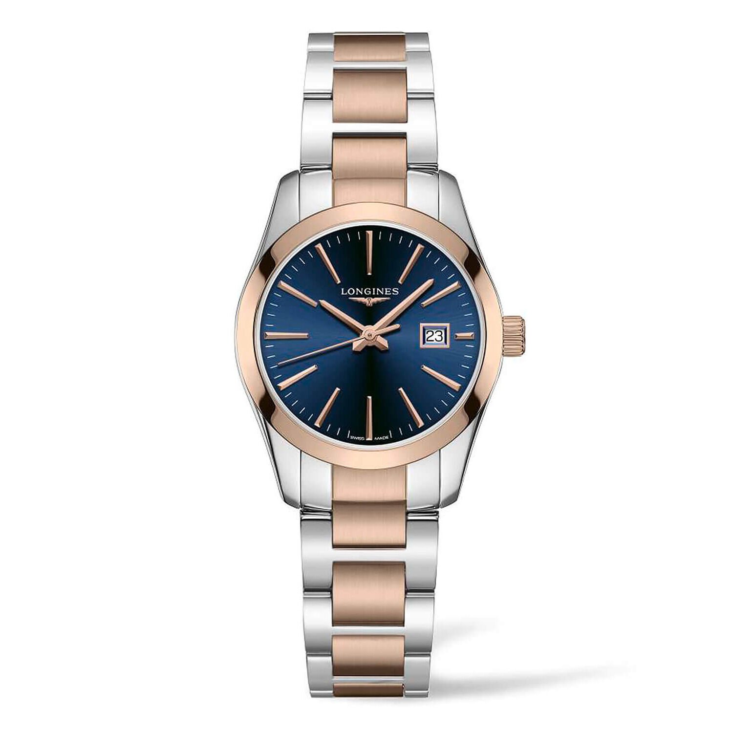 Longines Conquest Classic 29.5mm Blue Dial Rose Gold Steel Case Bracelet Watch