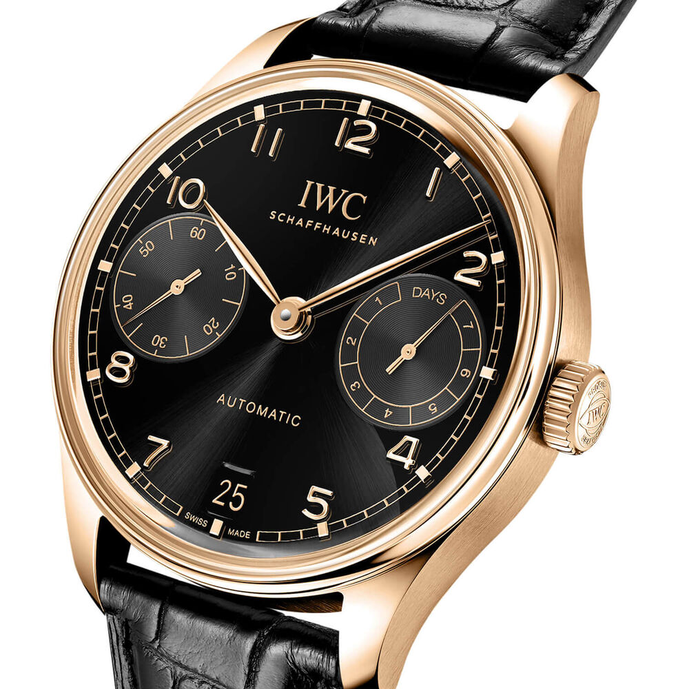 IWC Schaffhausen Portugieser Automatic 42 Obsidian Dial 18ct 5N Gold Case Leather Watch image number 1