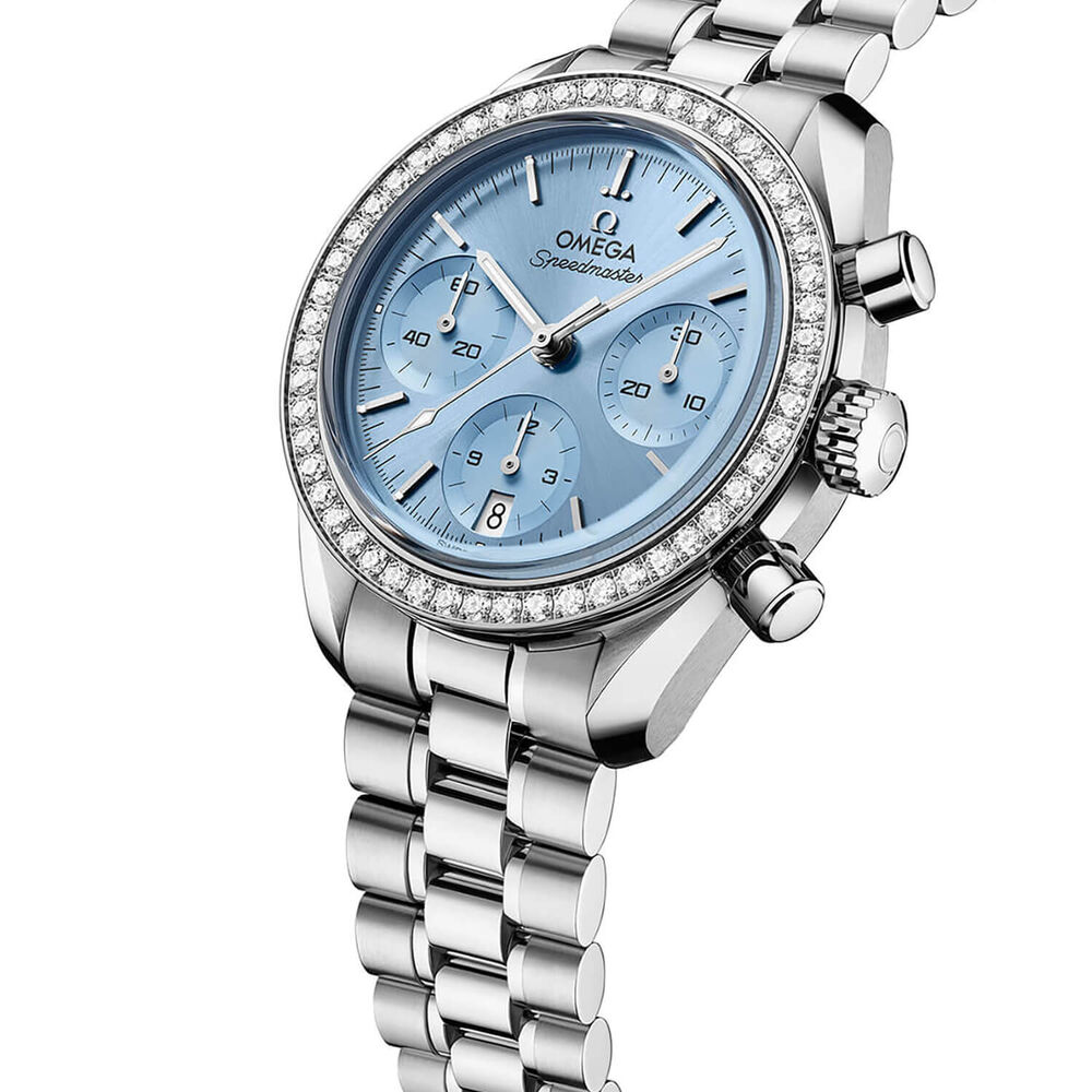 OMEGA Speedmaster 38mm Ice Blue Dial Diamond Set Bezel Steel Bracelet Watch