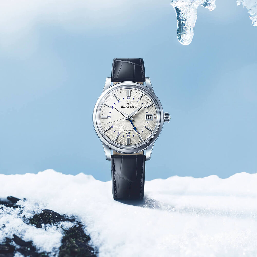 Grand Seiko 'Snowdrop' Contemporary Classics GMT 39.5mm White Dial Black Leather Strap Watch image number 3