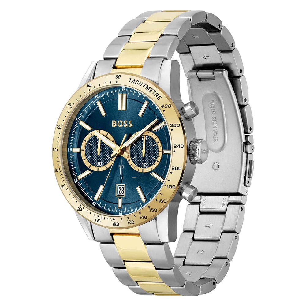 BOSS Allure Chronograph 44mm Blue Dial Yellow Gold Bezel Steel Bracelet Watch image number 1