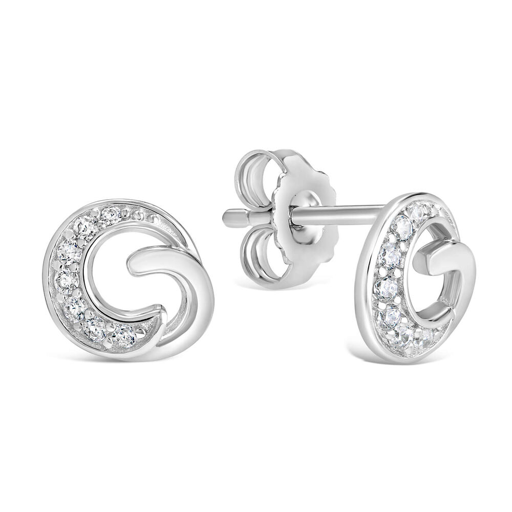 Ladies Sterling Silver and Cubic Zirconia Swirl Stud Earrings image number 1