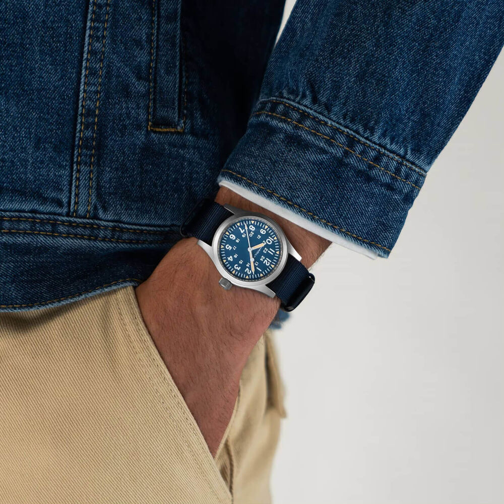 Hamilton Khaki Field Mechanical 38mm Blue Dial & Blue NATO Strap Watch image number 4