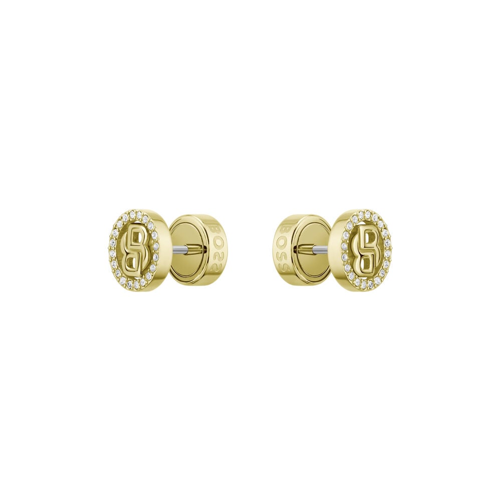 BOSS Double B Divine Yellow Gold Tone Stainless Steel Earrings image number 0