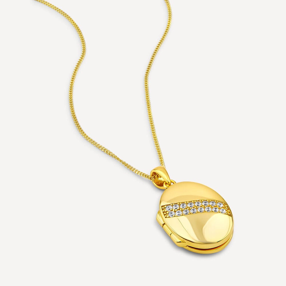 Yellow Gold Plated Sterling Silver Cubic Zirconia Double Row Centre Oval Locket Pendant