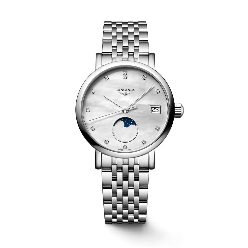 Longines Elegant 30mm MOP Dial Moonphase Diamond Dots Steel Bracelet Watch