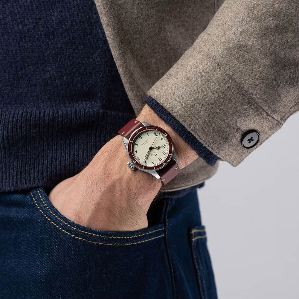 Khaki Aviation Pilot Pioneer 38mm White Dial Burgundy Leather Strap Watch image number 6