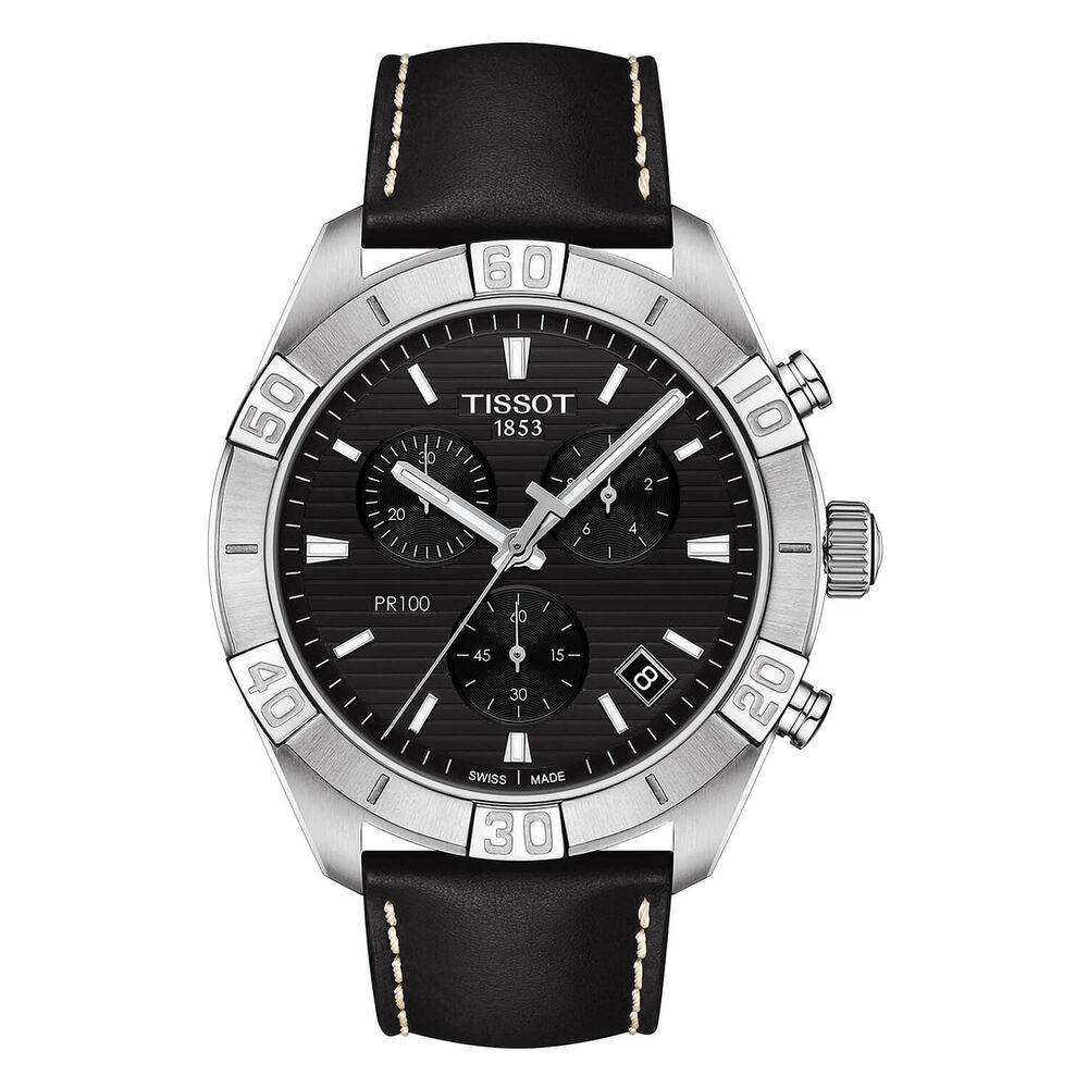 Tissot PR100 Sport 44mm Black Dial Chrono Steel Case Black Strap Watch