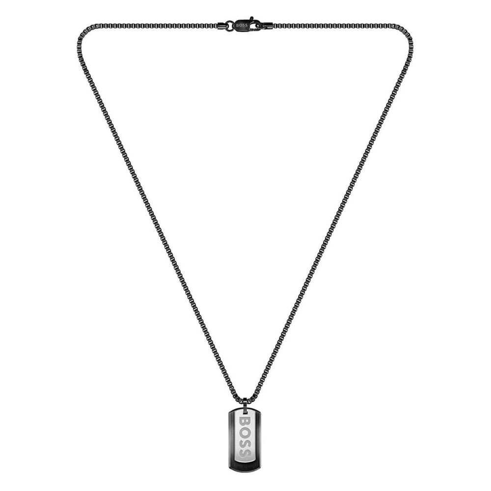 BOSS Devon Branded Double Tag Pendant Black IP Box Chain Steel Necklace