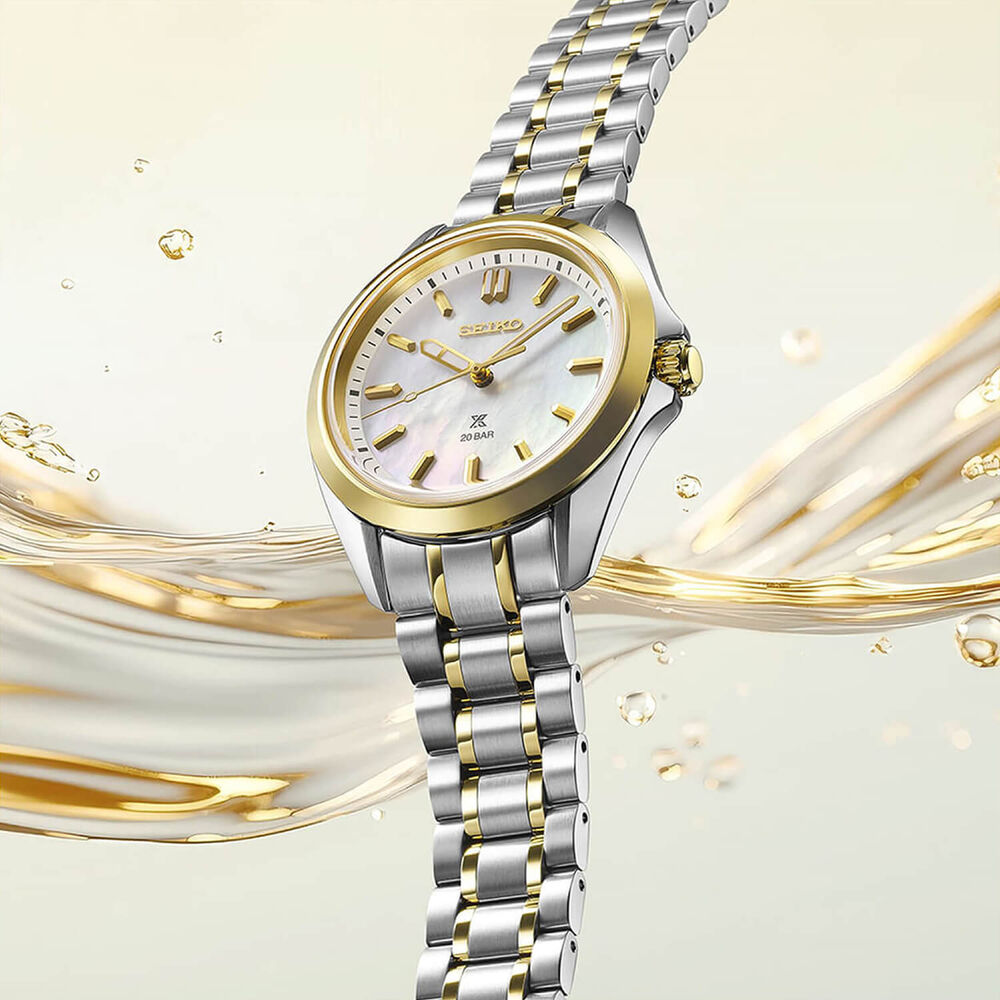 Seiko Prospex Ladies Marine Sports Two-Tone 34mm MOP Dial Steel Bracelet Watch image number 3
