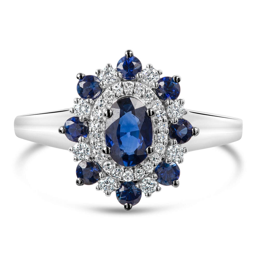 9ct White Gold Diamond and Sapphire Floral Cluster Ring image number 1