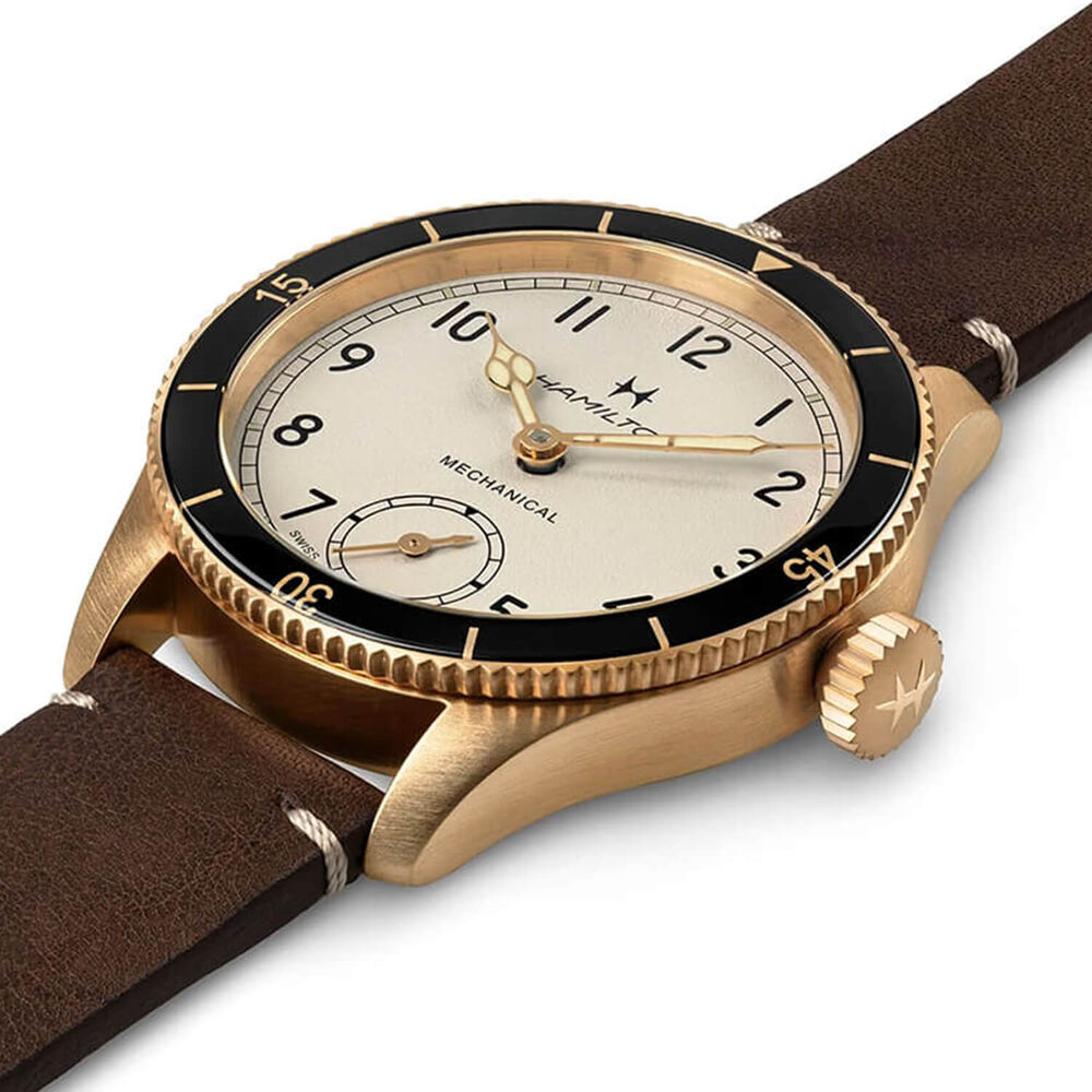 Khaki Aviation Pilot Pioneer Mechanical Bronze 43mm White Dial Brown Leather Strap Watch image number 3