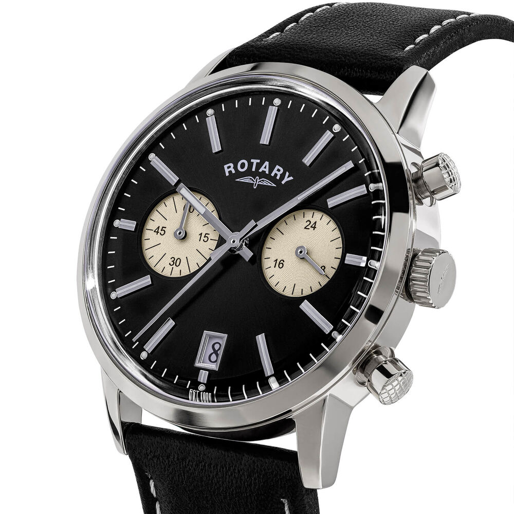 Rotary 1895 Chronograph 38mm Black Dial Leather Strap Watch