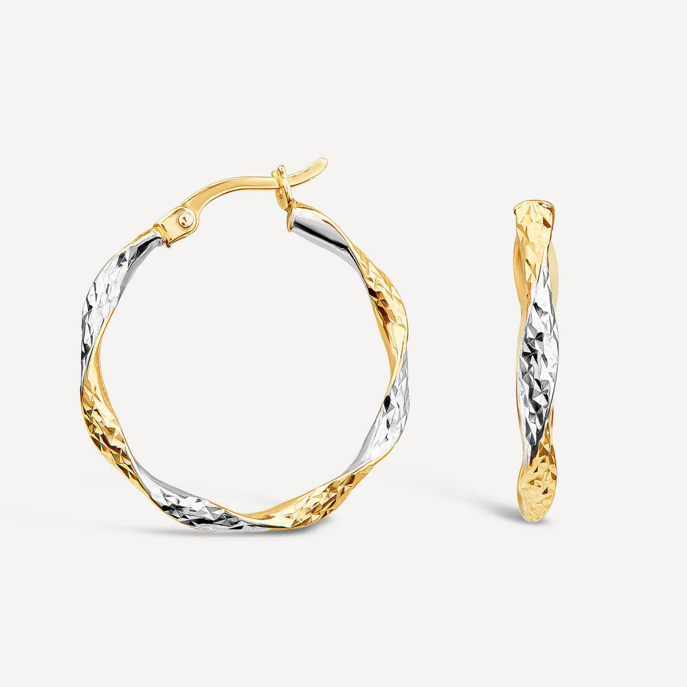 9ct Yellow & White Gold 20mm Diamond Cut Twist Hoop Earrings