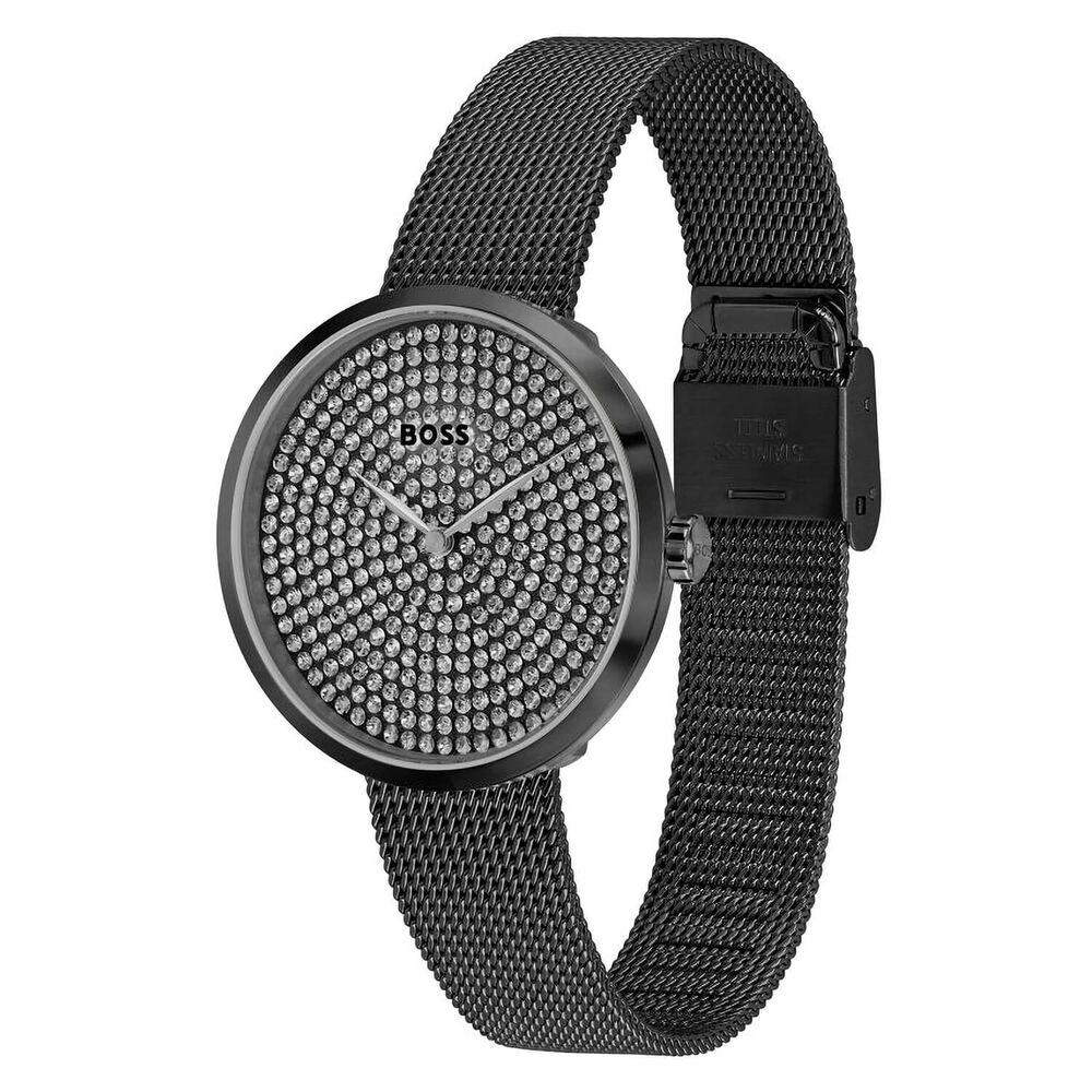 BOSS Praise 36mm Black Cubic Zirconia Dial Black PVD Case Mesh Bracelet image number 2