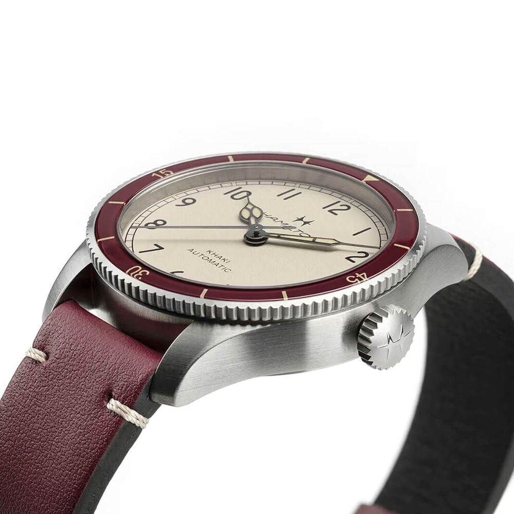 Khaki Aviation Pilot Pioneer 38mm White Dial Burgundy Leather Strap Watch image number 3