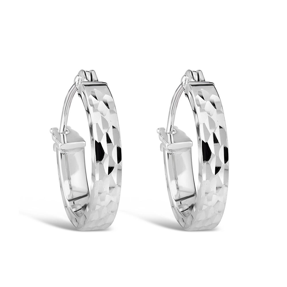 9ct White Gold Diamond Cut Hoop Earrings image number 0