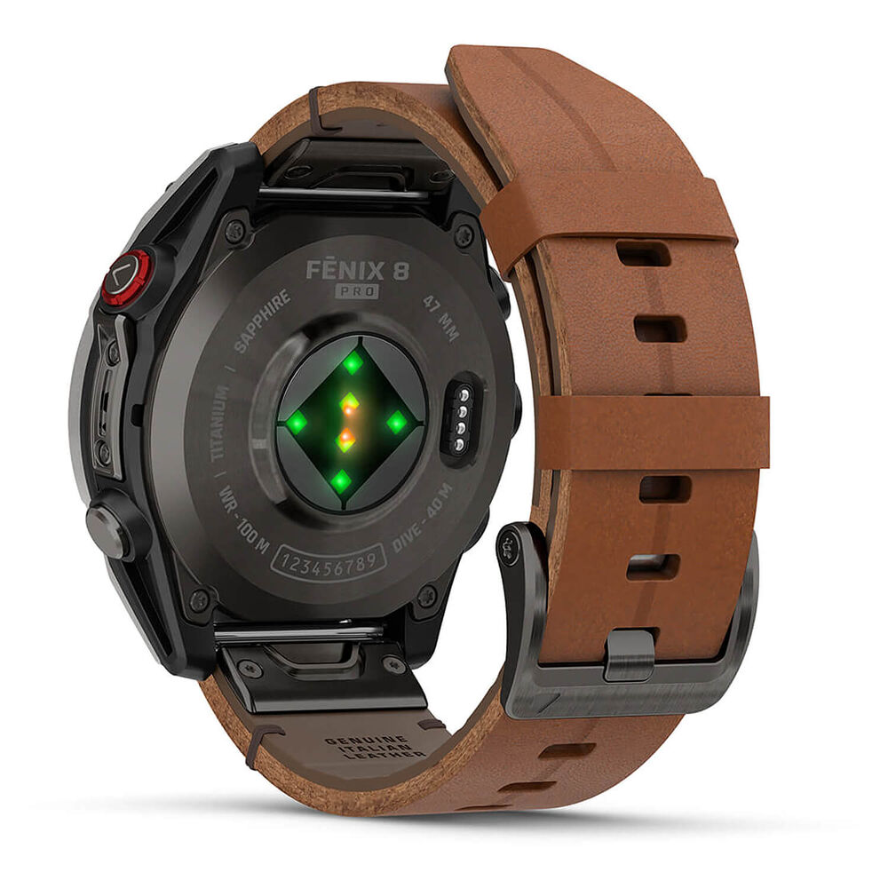 Garmin fenix 8 Pro AMOLED 47mm Carbon Grey DLC Titanium Case Brown Leather Strap Watch