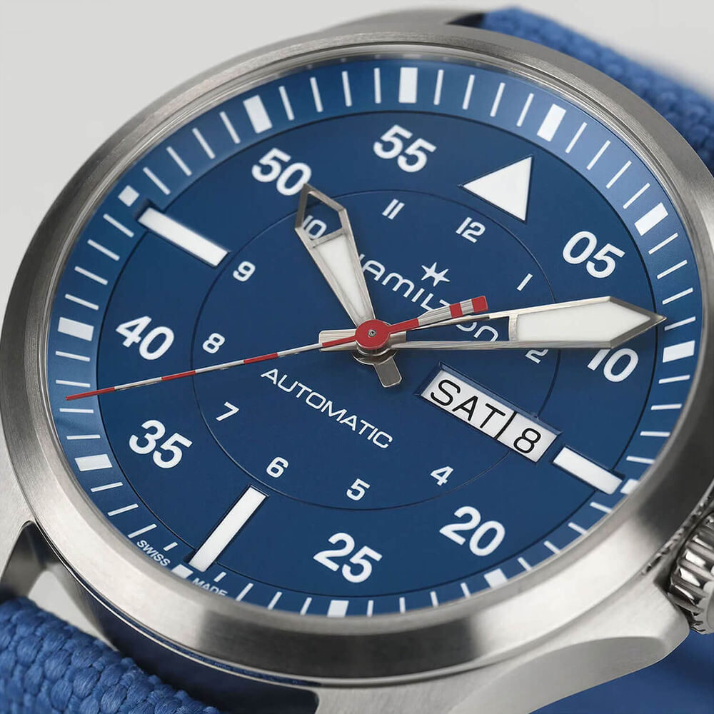 Hamilton Khaki Aviation Pilot Day Date Auto Air Glaciers Edition 42mm Blue Dial Strap Watch image number 1