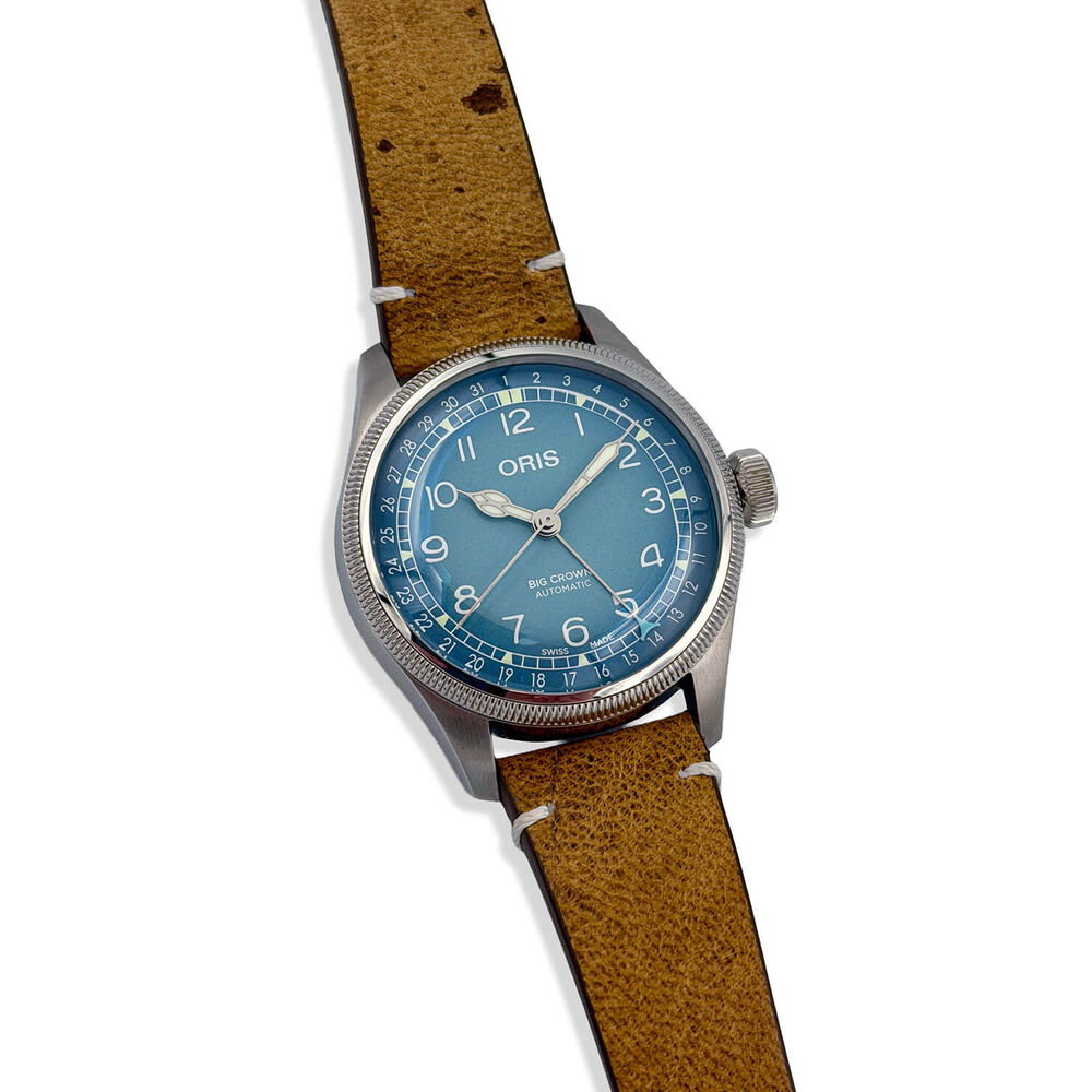Pre-Owned Oris Big Crown 38mm Light Blue Dial Steel Case Tan Strap Watch