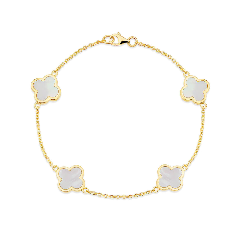 Yellow Gold Plated Sterling Silver Mother of Pearl 4 Clover Petal Bracelet image number 0