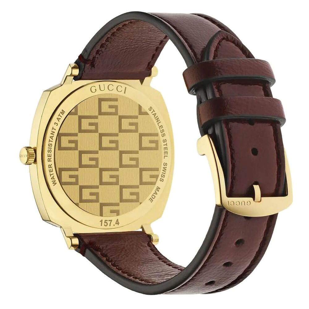 Gucci Grip GG 38mm Yellow Gold PVD Bordeaux Leather Strap Watch