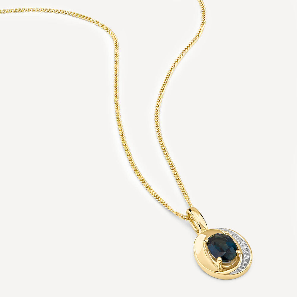 9ct Yellow Gold Oval Sapphire & Diamond Sides Curve Shaped Pendant image number 2